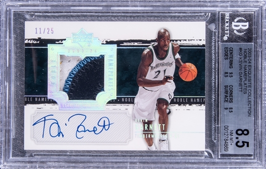 2003-04 UD "Exquisite Collection" Noble Nameplates #KG Kevin Garnett Signed Game Used Patch Card (#11/25) - BGS NM-MT+ 8.5/BGS 10